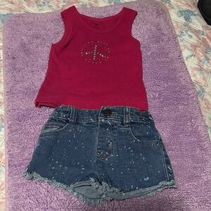 Red Tank Top and Denim Shorts Set